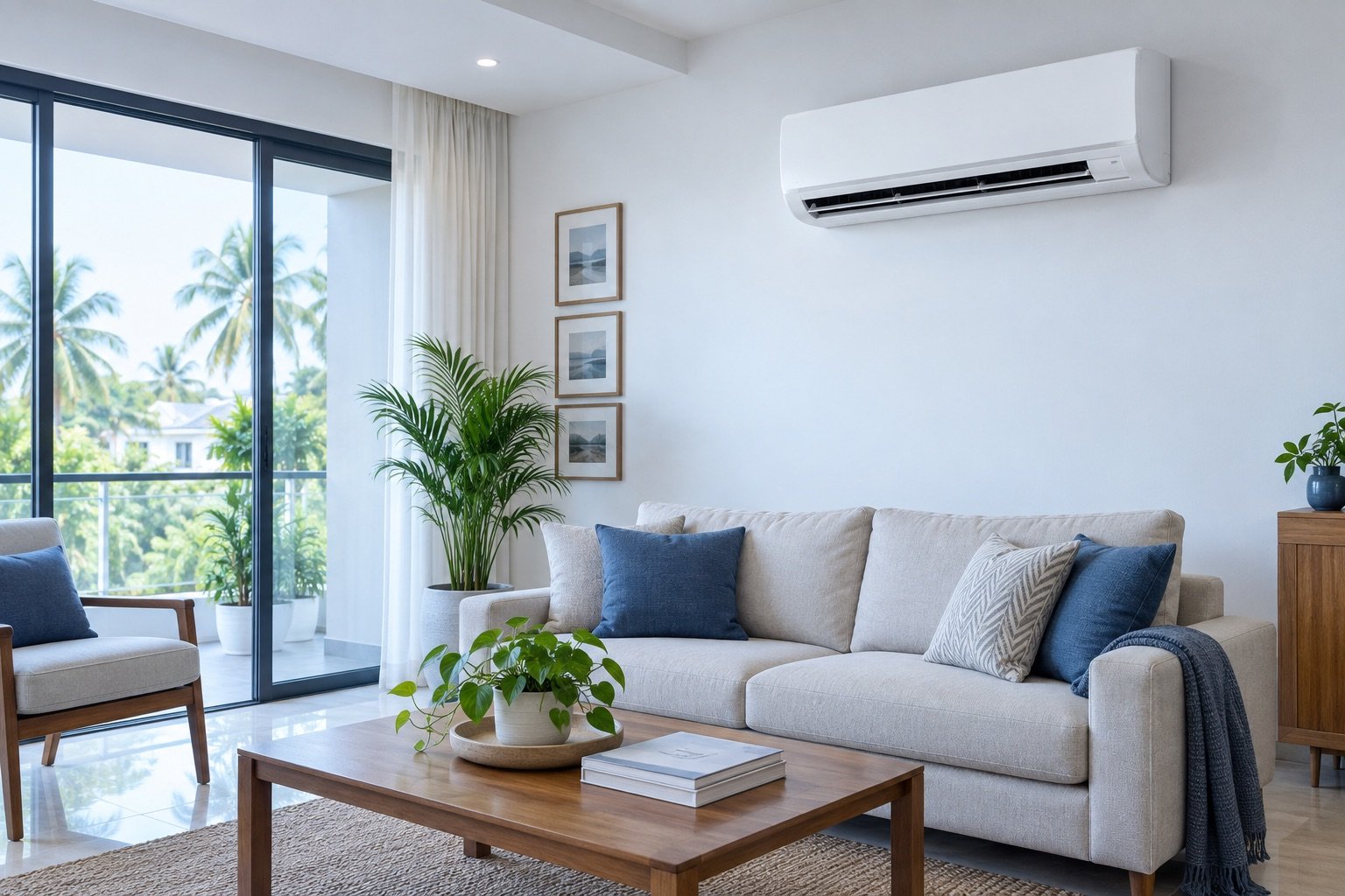 Split air conditioner in a bright modern living room