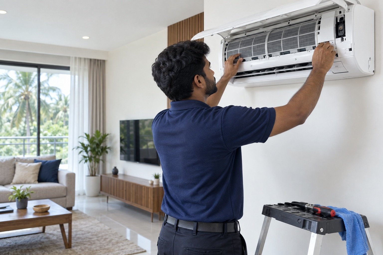 Technician cleaning the indoor unit of a split air conditioner